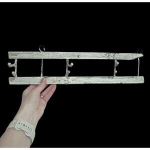 Vtg Painted Wood Rail & 3 Metal Swivel Hooks Wall Mounted Hanging Hat Coat Rack